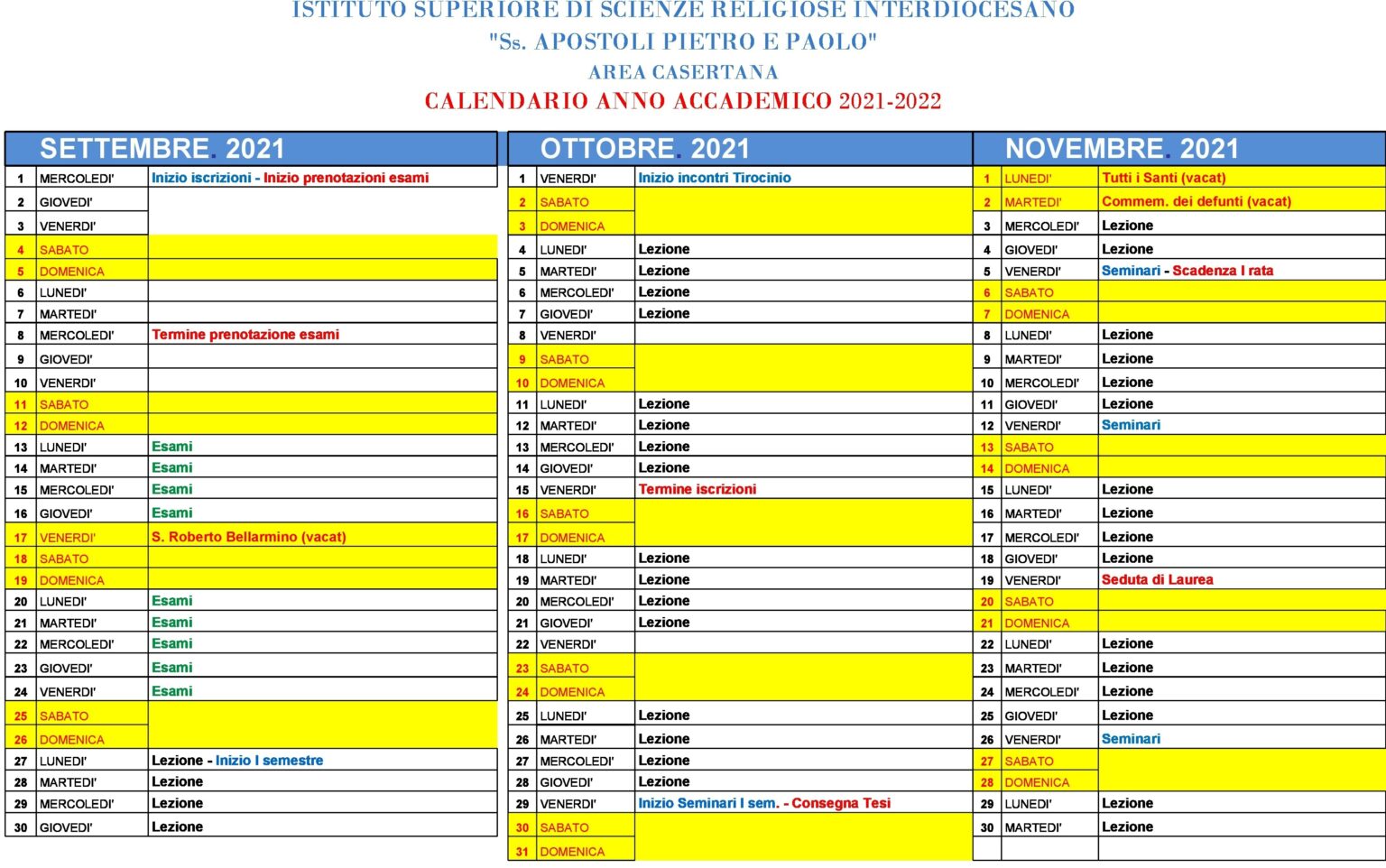 Calendario Accademico Istituto Superiore di Scienze Religiose